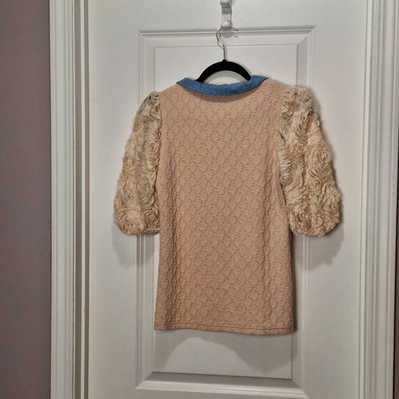 Blue Candy Cream Collared Blouse with Floral Sleeves - Picture 6 of 6